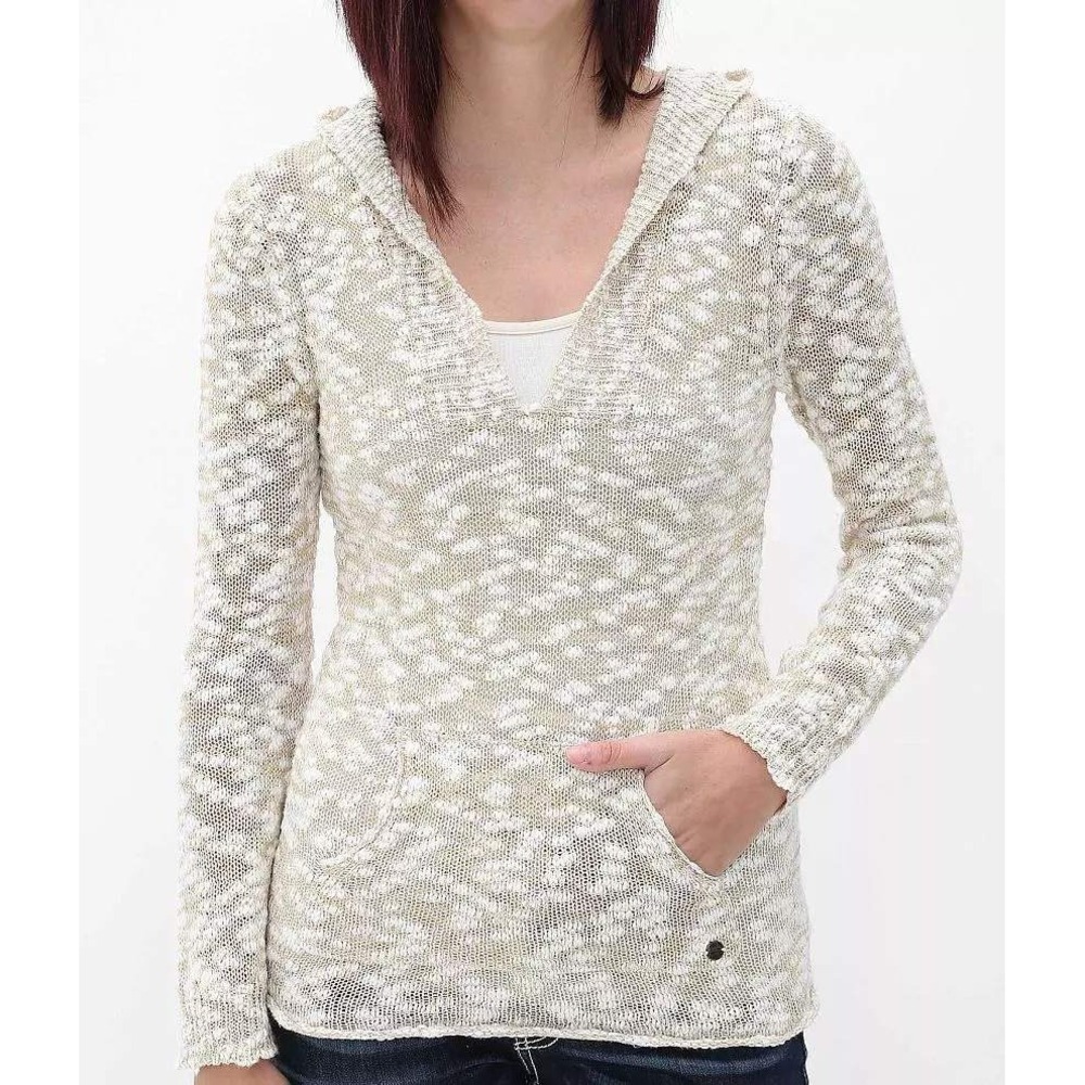 Roxy Hooded Knit Sweater Women's‎ XL Beige Marled Boho Coastal Beach Pullover